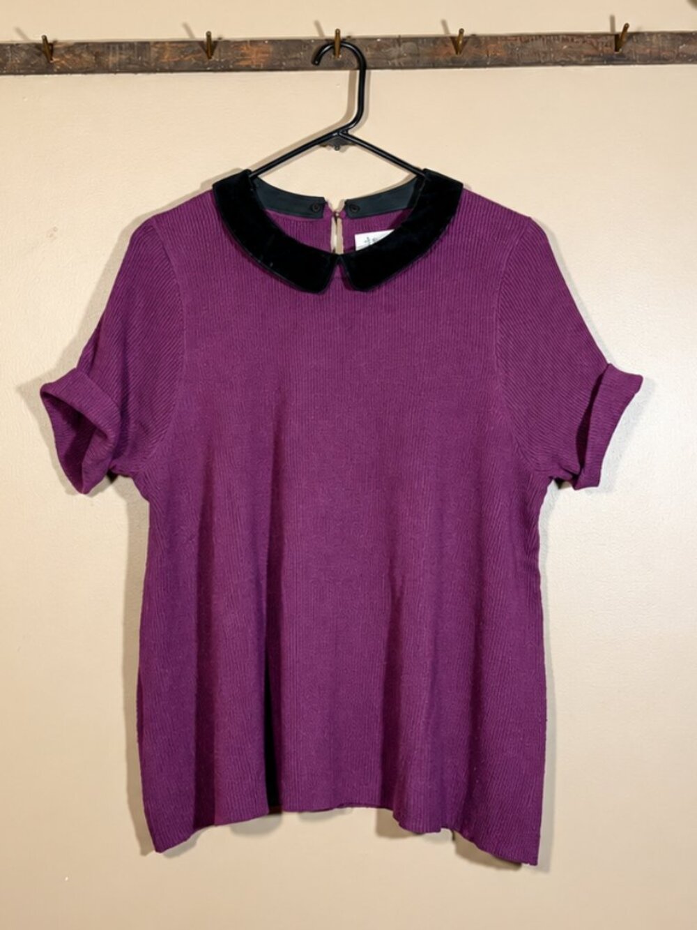 ELLE Eggplant/Aubergine Short Sleeve Sweater Removable Velour Collar Size L